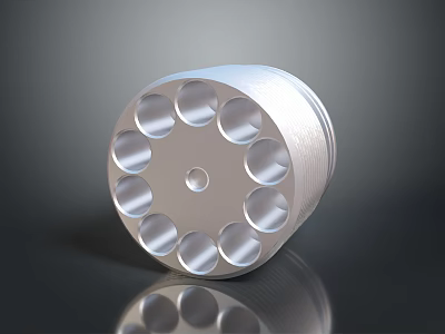Silver Colored Cylindrical Firearm Cylinder With Multiple Holes And Central Small Hole 3d model