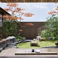 Tranquil Courtyard Garden With Wooden Pavilion Stone Lantern Natural Rocks And Lush Greenery