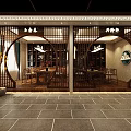 Traditional Teahouse Interior Design Featuring Circular Doorways Wooden Lattice And Wooden Tables Chairs