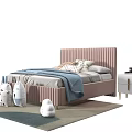 Pink Kids Bed With Striped Headboard Blue Blanket Pillows And Stuffed Toys