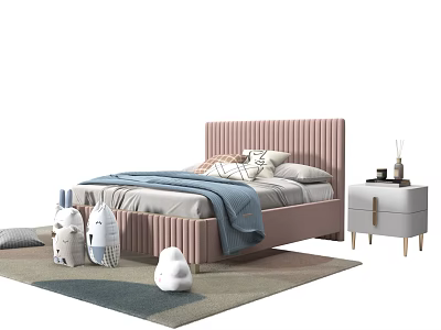 Pink Kids Bed With Striped Headboard Blue Blanket Pillows And Stuffed Toys 3d model