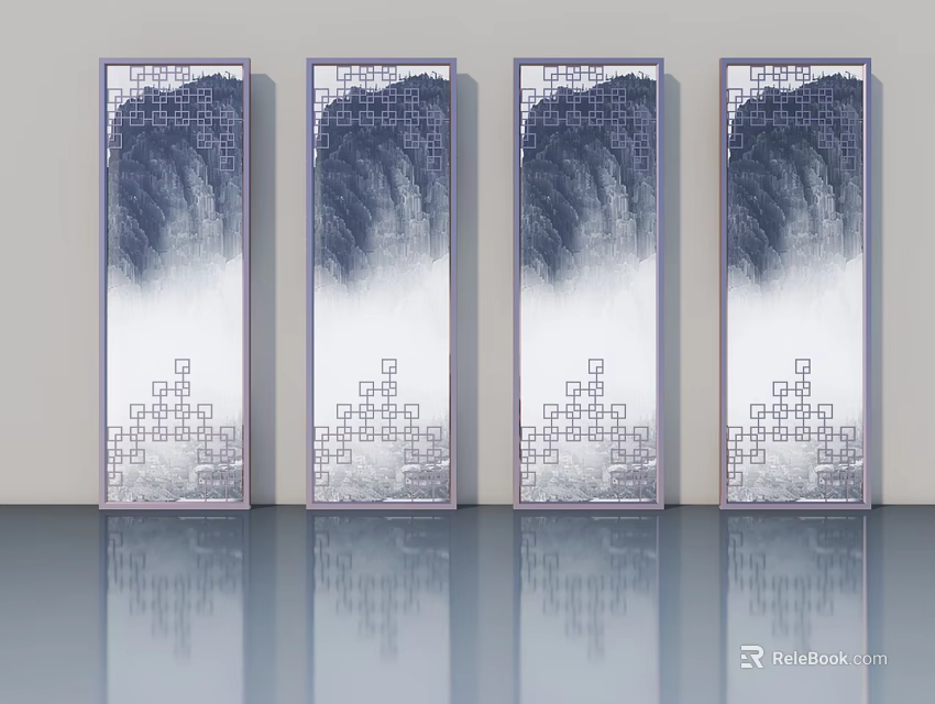 Four Traditional Chinese Hinged Doors With Mountain Water Pattern And Geometric Square Design 3d model 