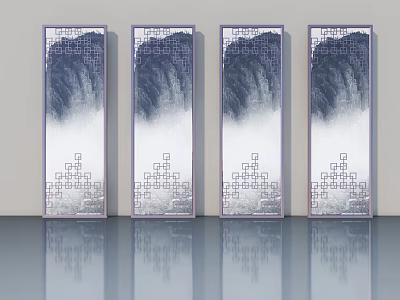 Four Traditional Chinese Hinged Doors With Mountain Water Pattern And Geometric Square Design 3d model