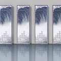 Four Traditional Chinese Hinged Doors With Mountain Water Pattern And Geometric Square Design