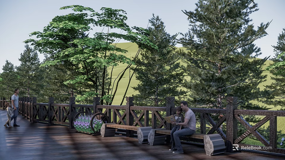 Park Landscape with Wooden Bridge Person Sitting on Bench Green Trees and Purple Flowers 3d model 