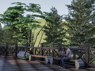 Park Landscape with Wooden Bridge Person Sitting on Bench Green Trees and Purple Flowers 3d model
