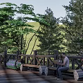 Park Landscape with Wooden Bridge Person Sitting on Bench Green Trees and Purple Flowers