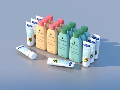 Assorted Colorful Personal Care Products With Bottles Tubes And Fruit Plant Labels 3d model