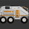 Sci Fi Off Road Vehicle With White Orange Design Reinforced Cabin And Six Large Wheels