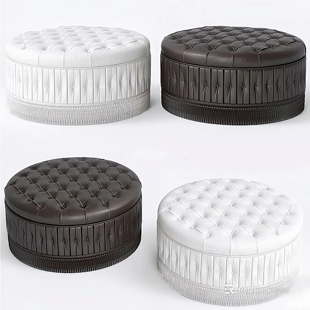 Round Tufted Ottoman in White and Dark Brown with Decorative Trim Design 3d model 