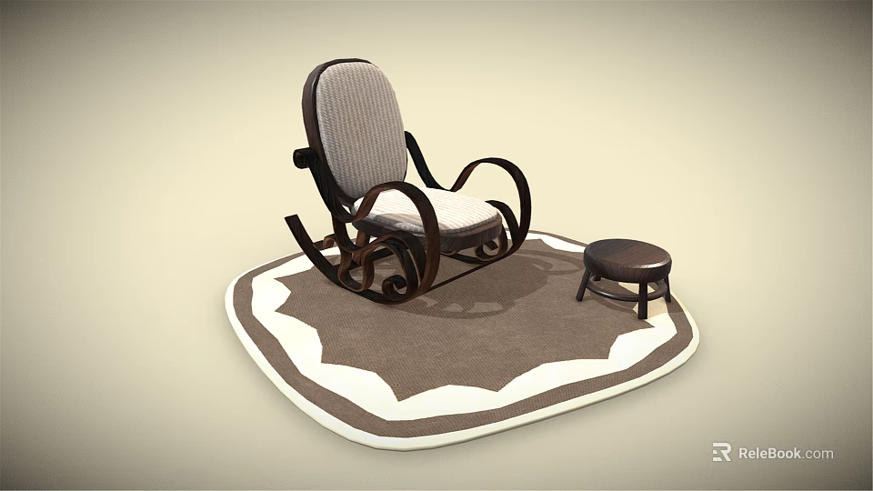Rocking Chair with Wooden Armrests Upholstered Seat and Backrest on Brown Rug with Small Stool 3d model 