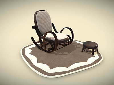 Rocking Chair with Wooden Armrests Upholstered Seat and Backrest on Brown Rug with Small Stool 3d model