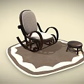 Rocking Chair with Wooden Armrests Upholstered Seat and Backrest on Brown Rug with Small Stool