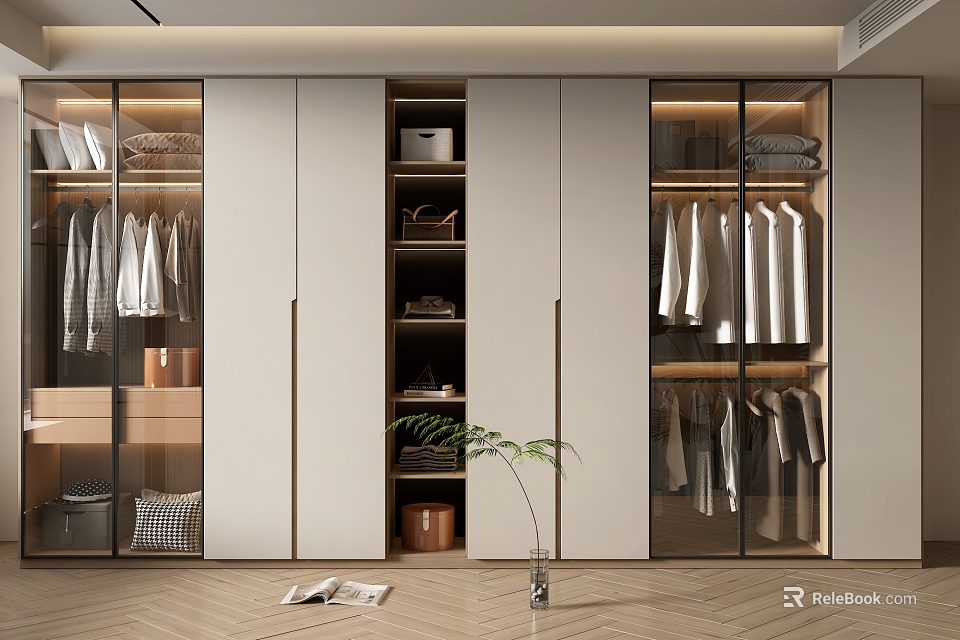 Modern Walk-in Closet Interior Design With Glass Door Cabinets Hanging Clothes And Wooden Storage Shelves 3d model 