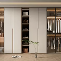 Modern Walk-in Closet Interior Design With Glass Door Cabinets Hanging Clothes And Wooden Storage Shelves