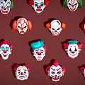Colorful Clown Masks With Different Designs And Expressions Arranged On Brown Background