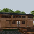 Wooden Two Story Cottage Building With Sloped Roof Lawn And Wooden Platform Steps