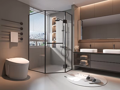 Modern Warm Minimalist Bathroom With Smart Toilet Glass Shower Enclosure And Double Sink Vanity 3d model