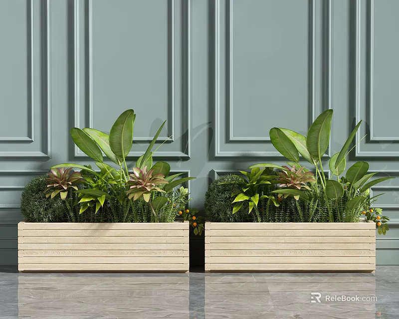 Wooden Garden Planters With Green And Purple Foliage Against Gray Paneled Walls 3d model 