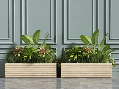 Wooden Garden Planters With Green And Purple Foliage Against Gray Paneled Walls 3d model