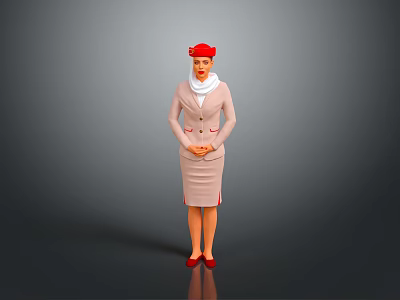 Stewardess in Pink Uniform with Red Hat White Scarf and Red Shoes 3d model