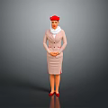 Stewardess in Pink Uniform with Red Hat White Scarf and Red Shoes