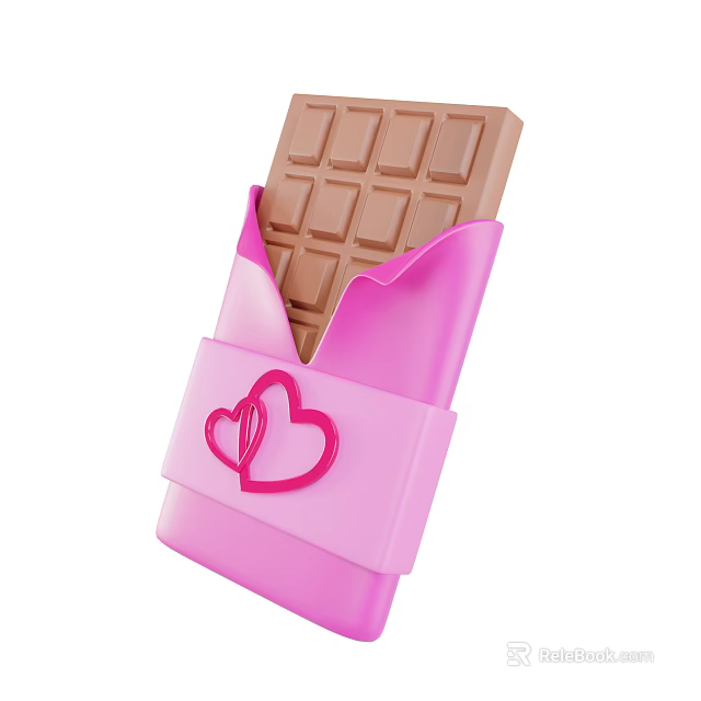 Pink Wrapped Chocolate Bar With Heart Shaped Decoration And Brown Block 3d model 