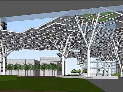 Modern Pergola With White Metal Framework Grid Roof And Landscaped Greenery 3d model