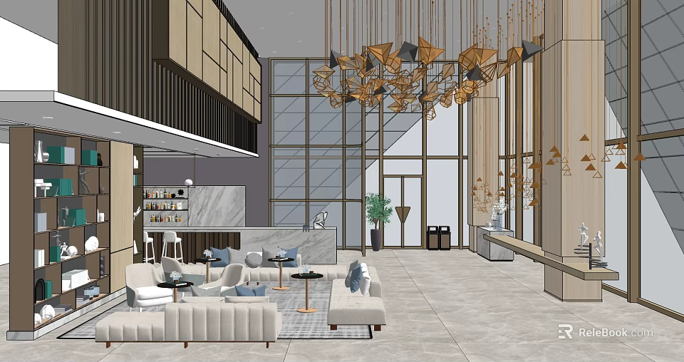 Elegant Modern Leisure Area With Floor To Ceiling Windows Chandelier Sofa And Bar Counter 3d model 