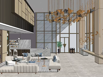Elegant Modern Leisure Area With Floor To Ceiling Windows Chandelier Sofa And Bar Counter 3d model