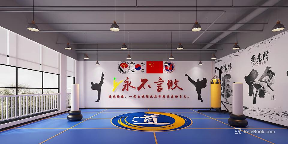 Kindergarten Indoor Taekwondo Activity Space With National Flags Slogan Blue Floor And Circular Logo 3d model 