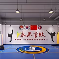 Kindergarten Indoor Taekwondo Activity Space With National Flags Slogan Blue Floor And Circular Logo