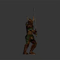Epic Game Movie Character In Decorative Armor With Antler Helmet Holding Long Sword Green Trim
