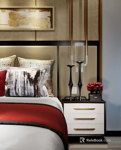 White Bedside Table With Drawers Black Candle Holders Red Flowers And Decorative Pillows 3d model 