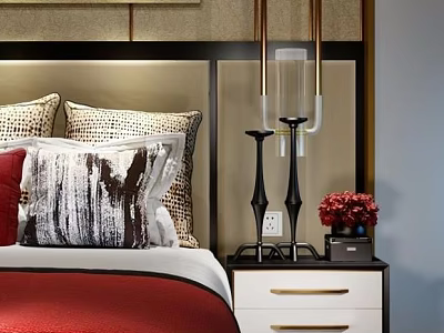 White Bedside Table With Drawers Black Candle Holders Red Flowers And Decorative Pillows 3d model