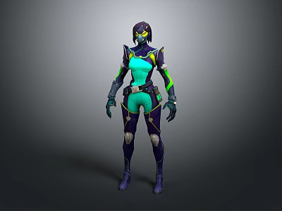 Futuristic Sci Fi Game Character in Teal and Purple Armored Suit with Helmet 3d model