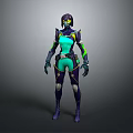 Futuristic Sci Fi Game Character in Teal and Purple Armored Suit with Helmet