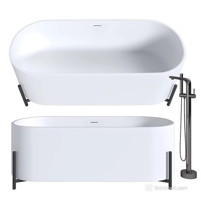 Modern Freestanding Bathtub With Sleek White Surface And Metal Support Stand 3d model 