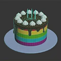 Colorful Rainbow Cake With Chocolate Drizzle White Cream Decorations And Blue Candles On White Plate