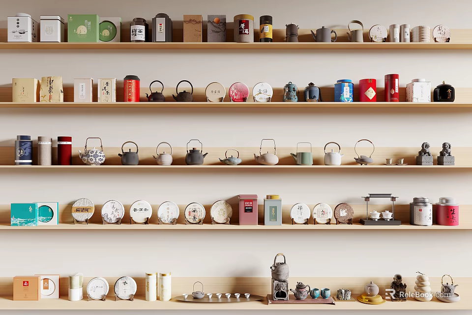Various Tea Wares Displayed On Multi Layer Shelves With Teapots Cups And Canisters 3d model