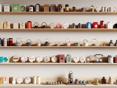 Various Tea Wares Displayed On Multi Layer Shelves With Teapots Cups And Canisters 3d model