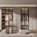Modern Walk-in Closet Interior Design With Glass Door Cabinets Hanging Clothes And Open Shelves