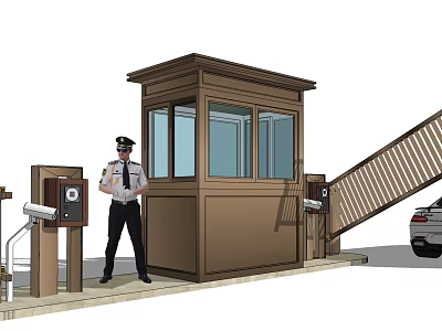 Brown Security Booth With Security Guard Standing By Surveillance Equipment At Vehicle Entrance 3d model