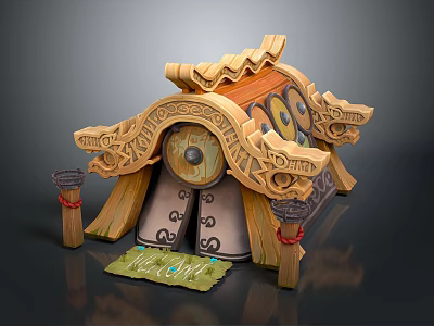 Cartoon Themed Wooden Hut Scene With Carved Decorations Pillars Red Straps And Door Mat 3d model