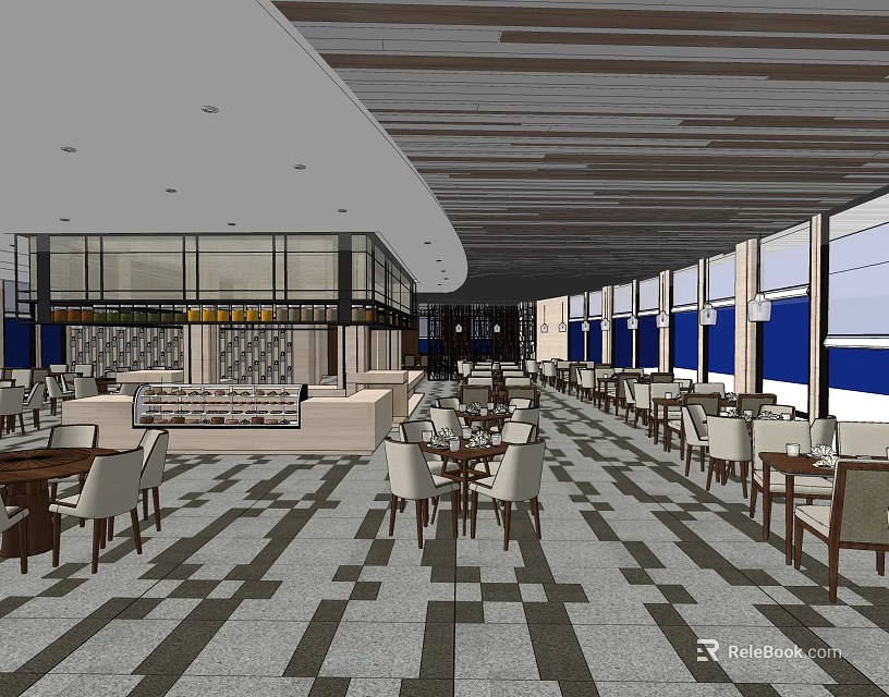 Spacious Modern Restaurant Interior With Large Windows Geometric Floor Tiles And Wooden Tables 3d model 