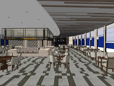 Spacious Modern Restaurant Interior With Large Windows Geometric Floor Tiles And Wooden Tables 3d model