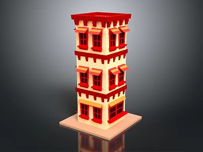 Three Story Building Model With Red Roof Yellow Walls And Windows On Square Base 3d model