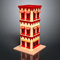 Three Story Building Model With Red Roof Yellow Walls And Windows On Square Base