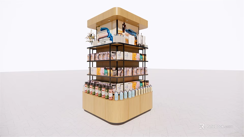 Modern Wooden Retail Display Shelf with Multiple Layers and Various Products 3d model 