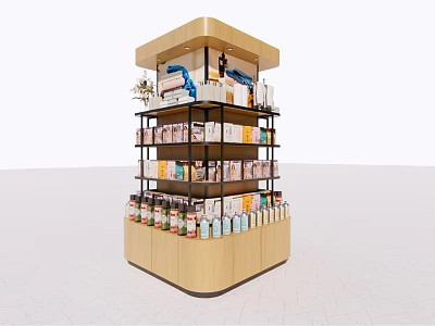 Modern Wooden Retail Display Shelf with Multiple Layers and Various Products 3d model